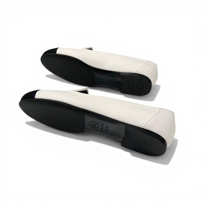 Chanel Loafers Leather Shoes White Black CC Logo Bicolor Flat