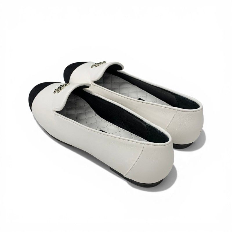 Chanel Loafers Leather Shoes White Black CC Logo Bicolor Flat