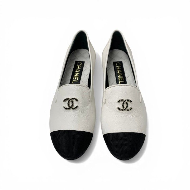 Chanel Loafers Leather Shoes White Black CC Logo Bicolor Flat