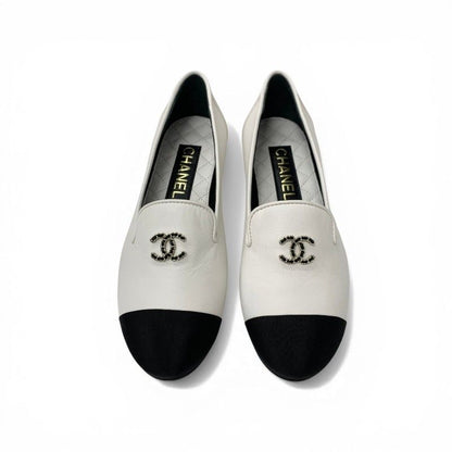 Chanel Loafers Leather Shoes White Black CC Logo Bicolor Flat
