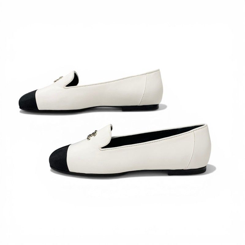 Chanel Loafers Leather Shoes White Black CC Logo Bicolor Flat