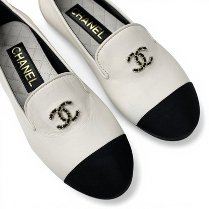 Chanel Loafers Leather Shoes White Black CC Logo Bicolor Flat