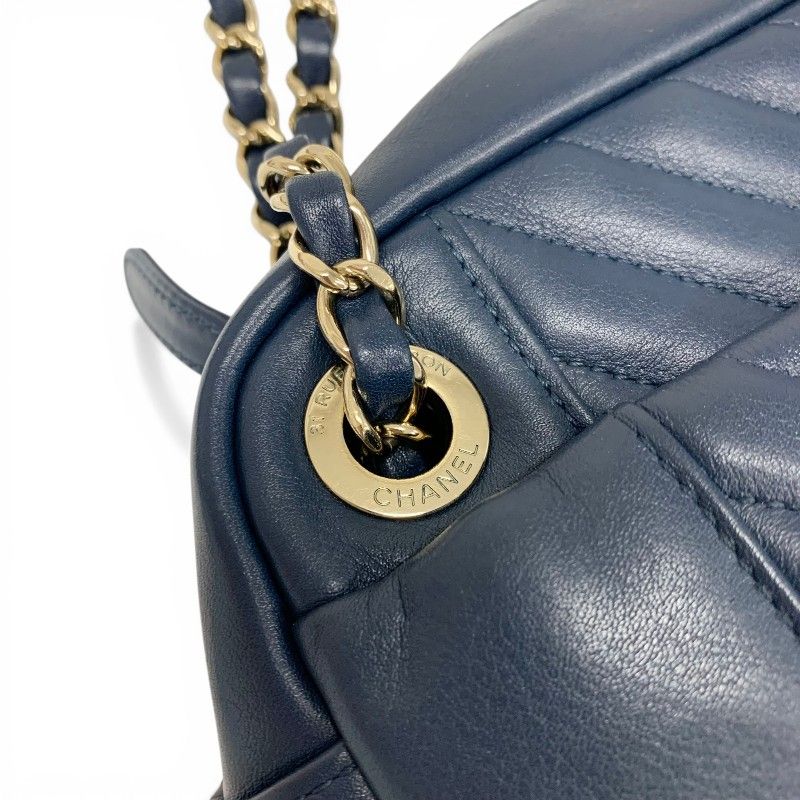 Chanel Shoulder Bag Navy Gold CC Logo Chevron Stitch Double Chain