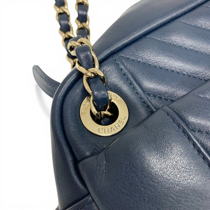 Chanel Shoulder Bag Navy Gold CC Logo Chevron Stitch Double Chain