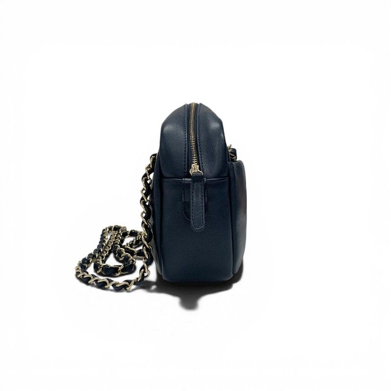 Chanel Shoulder Bag Navy Gold CC Logo Chevron Stitch Double Chain