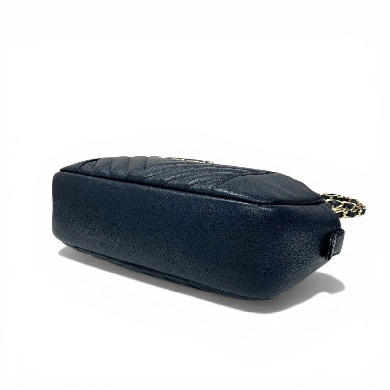 Chanel Shoulder Bag Navy Gold CC Logo Chevron Stitch Double Chain