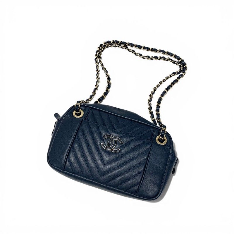 Chanel Shoulder Bag Navy Gold CC Logo Chevron Stitch Double Chain