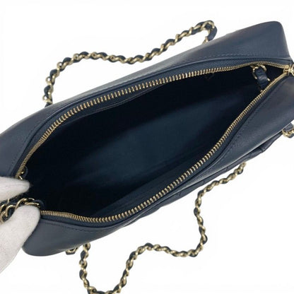 Chanel Shoulder Bag Navy Gold CC Logo Chevron Stitch Double Chain