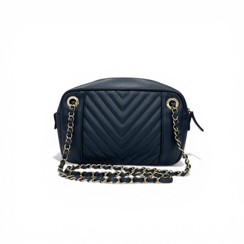 Chanel Shoulder Bag Navy Gold CC Logo Chevron Stitch Double Chain