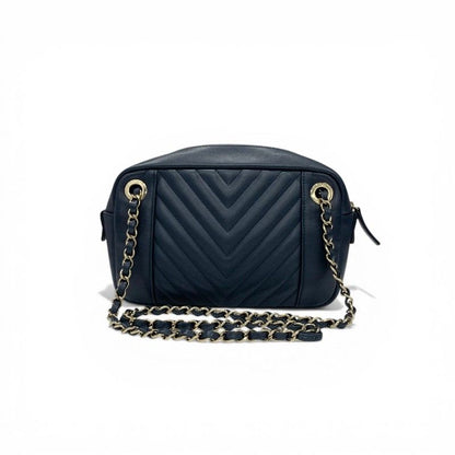 Chanel Shoulder Bag Navy Gold CC Logo Chevron Stitch Double Chain