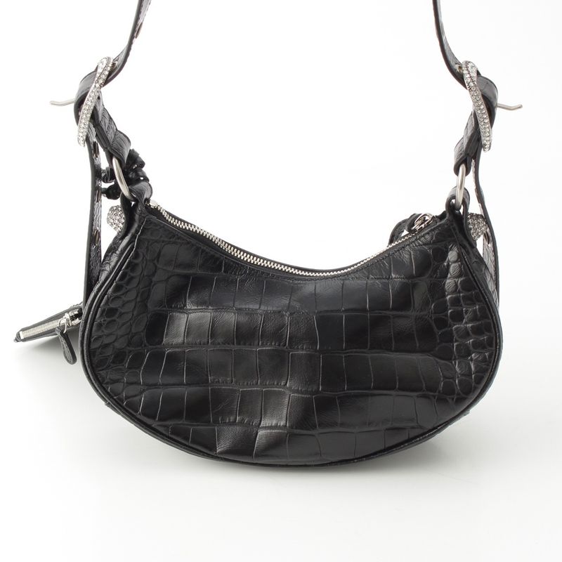 Balenciaga Luca Gorge XS Leather Croco Embossed Rhinestone Shoulder Bag Black
