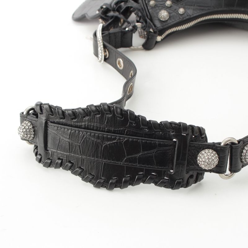 Balenciaga Luca Gorge XS Leather Croco Embossed Rhinestone Shoulder Bag Black
