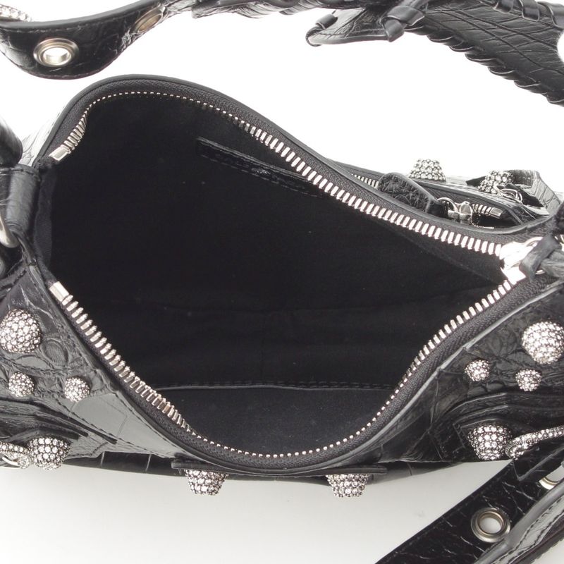Balenciaga Luca Gorge XS Leather Croco Embossed Rhinestone Shoulder Bag Black