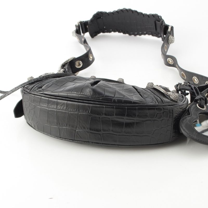 Balenciaga Luca Gorge XS Leather Croco Embossed Rhinestone Shoulder Bag Black