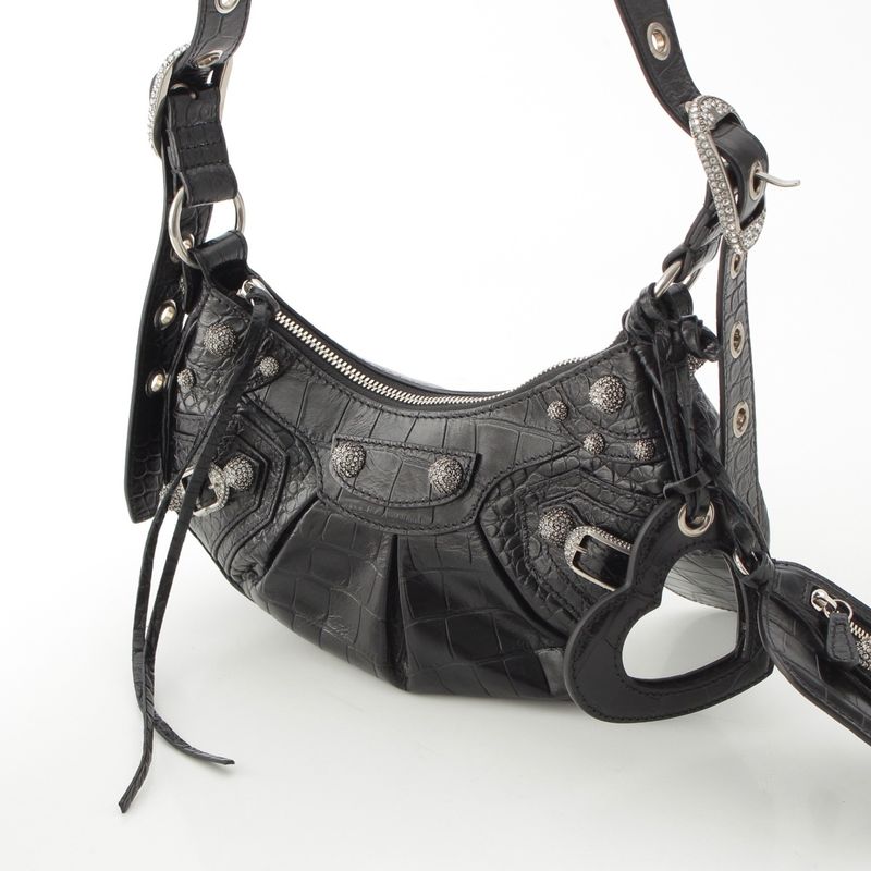 Balenciaga Luca Gorge XS Leather Croco Embossed Rhinestone Shoulder Bag Black