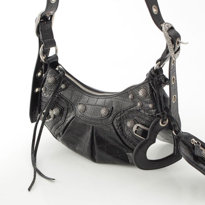 Balenciaga Luca Gorge XS Leather Croco Embossed Rhinestone Shoulder Bag Black