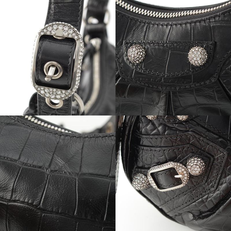 Balenciaga Luca Gorge XS Leather Croco Embossed Rhinestone Shoulder Bag Black