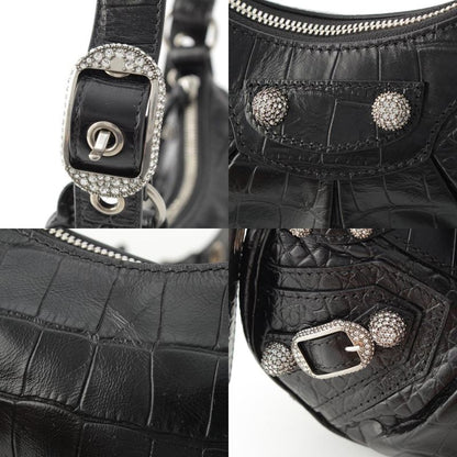 Balenciaga Luca Gorge XS Leather Croco Embossed Rhinestone Shoulder Bag Black