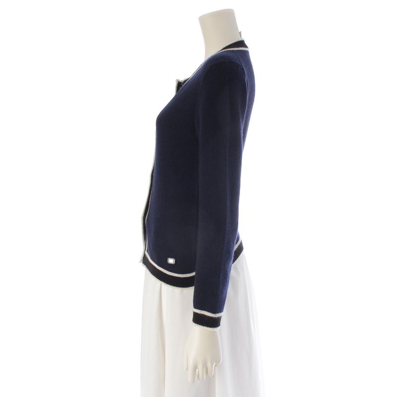 Chanel Cashmere Logo Plate Long Sleeve Knit Cardigan Navy 36