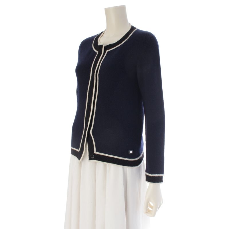 Chanel Cashmere Logo Plate Long Sleeve Knit Cardigan Navy 36