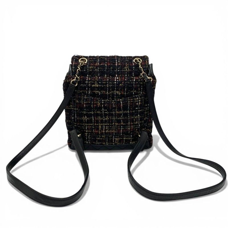 Chanel Backpack Tweed Lambskin Black Gold Quilted CC Logo Turnlock Chain