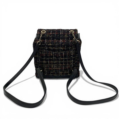 Chanel Backpack Tweed Lambskin Black Gold Quilted CC Logo Turnlock Chain