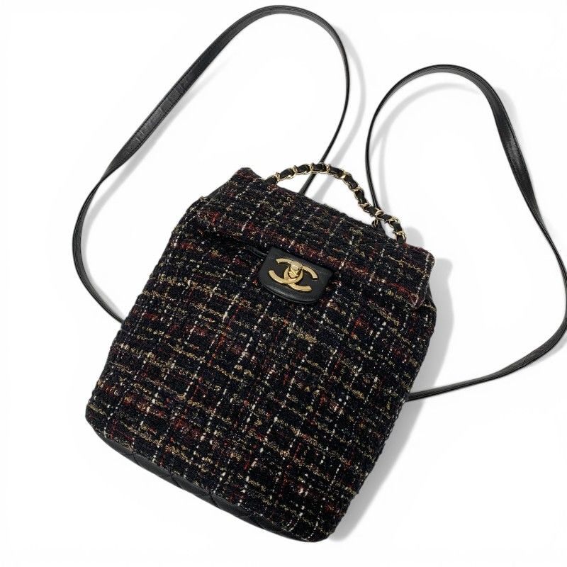 Chanel Backpack Tweed Lambskin Black Gold Quilted CC Logo Turnlock Chain