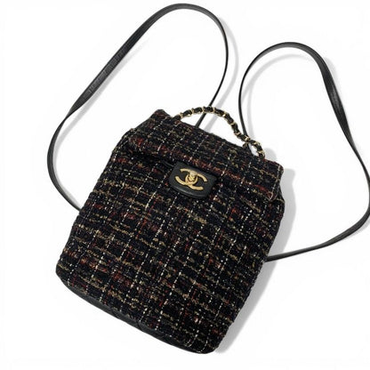 Chanel Backpack Tweed Lambskin Black Gold Quilted CC Logo Turnlock Chain