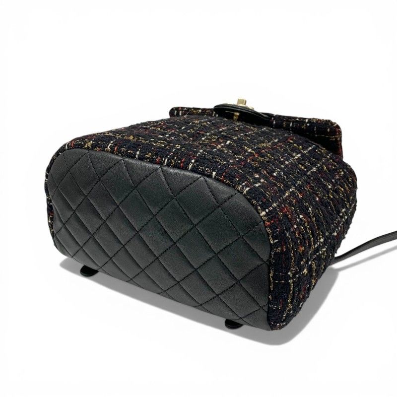 Chanel Backpack Tweed Lambskin Black Gold Quilted CC Logo Turnlock Chain