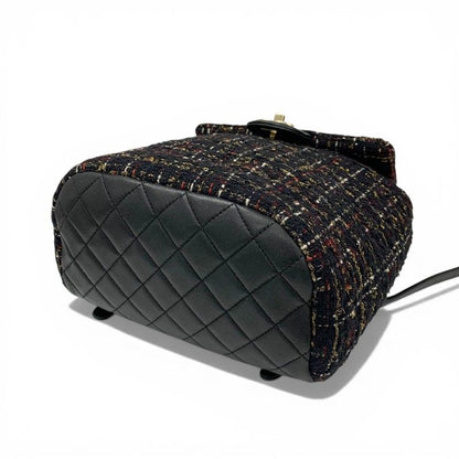 Chanel Backpack Tweed Lambskin Black Gold Quilted CC Logo Turnlock Chain