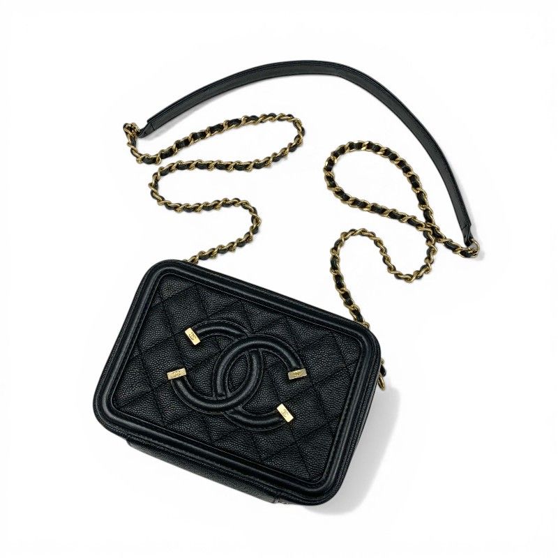 Chanel Shoulder Bag Black Gold CC Logo CC Filigree Quilted Chain