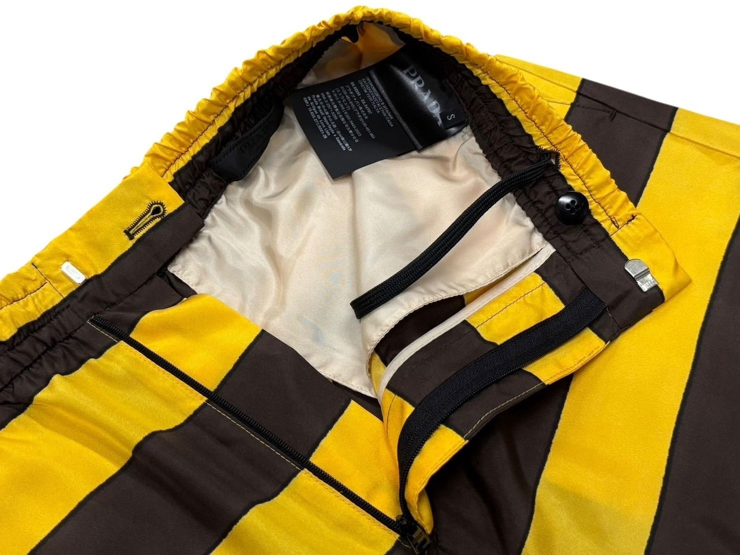 Prada Border Silk Shorts S Yellow Brown Triangle Patch — view 5