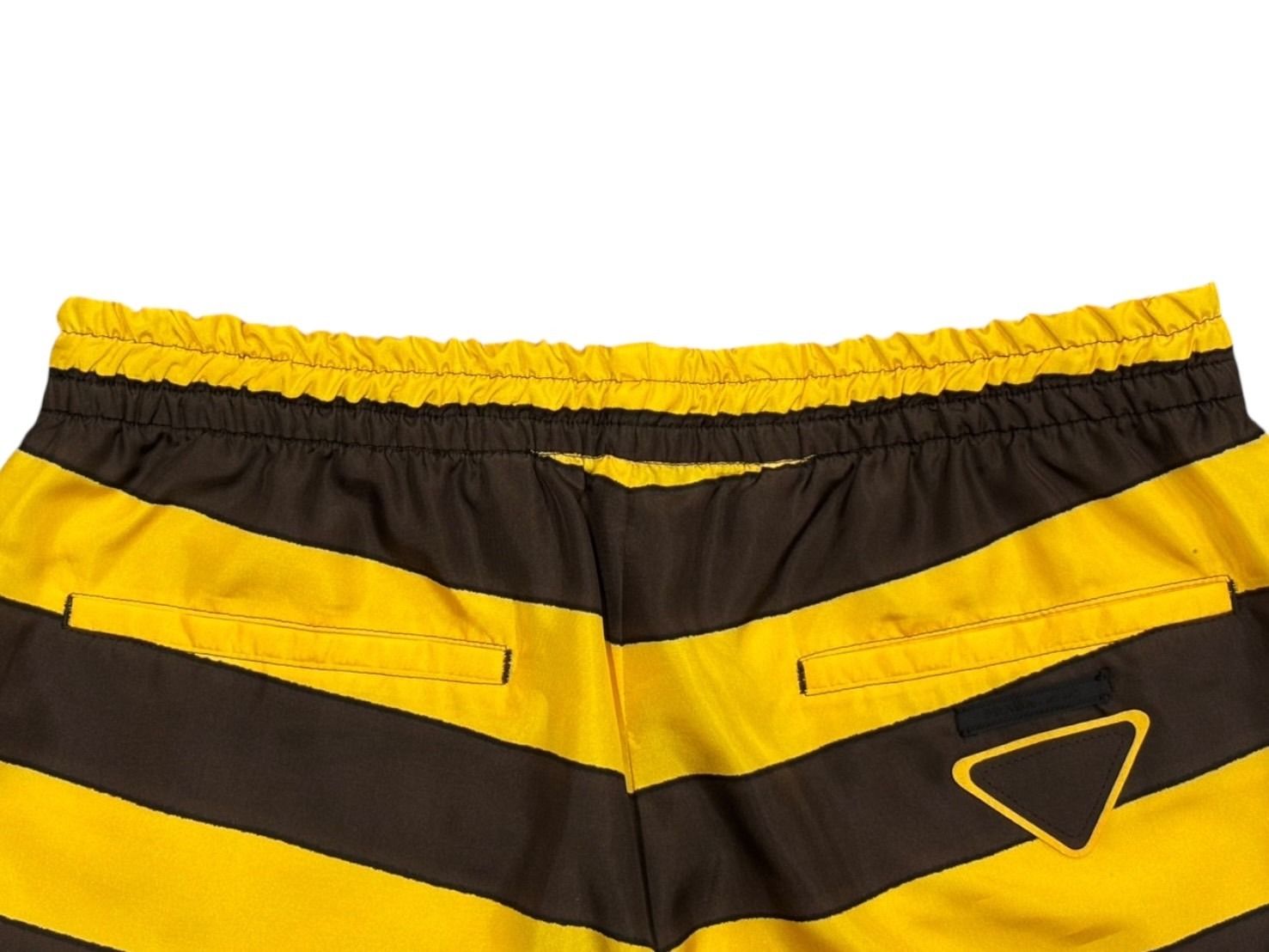 Prada Border Silk Shorts S Yellow Brown Triangle Patch — view 7