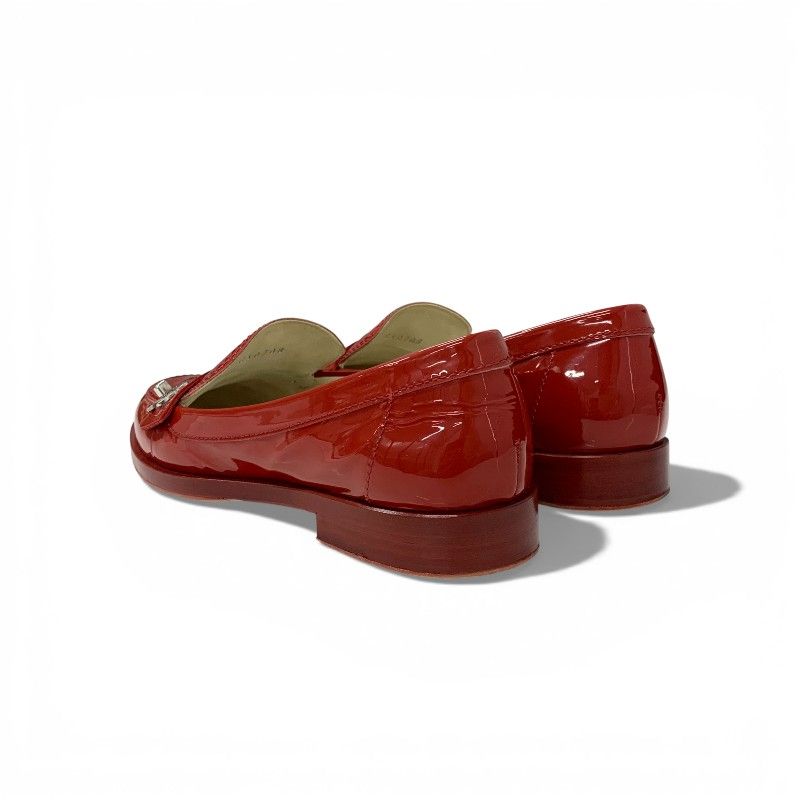 Chanel Loafers Leather Shoes Patent Red Silver CC Logo Turnlock