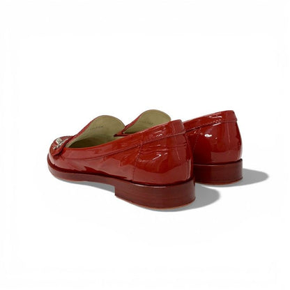 Chanel Loafers Leather Shoes Patent Red Silver CC Logo Turnlock