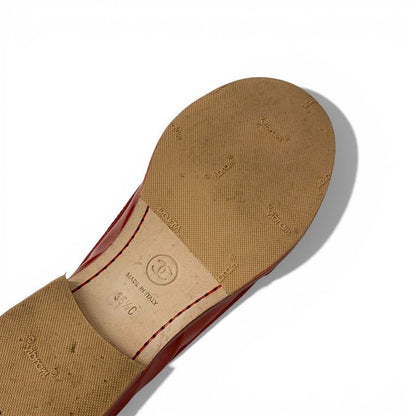 Chanel Loafers Leather Shoes Patent Red Silver CC Logo Turnlock