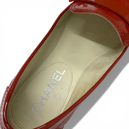 Chanel Loafers Leather Shoes Patent Red Silver CC Logo Turnlock