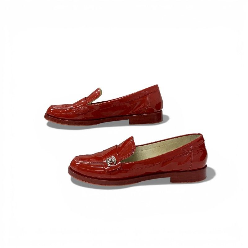 Chanel Loafers Leather Shoes Patent Red Silver CC Logo Turnlock