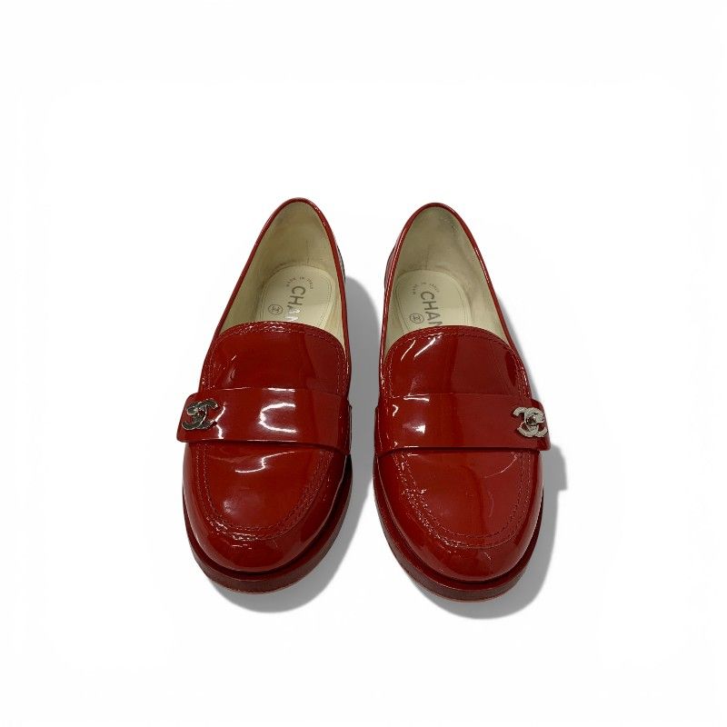 Chanel Loafers Leather Shoes Patent Red Silver CC Logo Turnlock