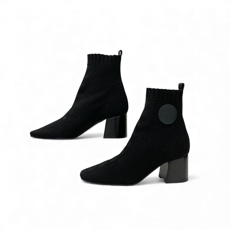 Hermes Voltige Boots Short Shoes Fabric Leather Black Knit