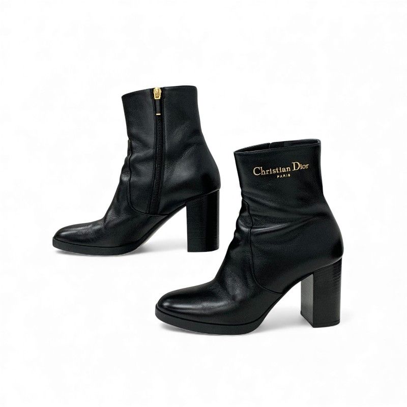 Dior D-town Short Boots Shoes Leather Black Gold Logo
