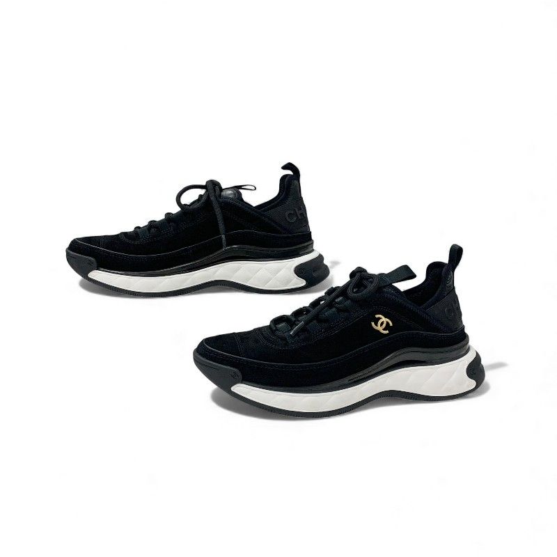 Chanel Sneakers Shoes Suede Leather Black Logo CC