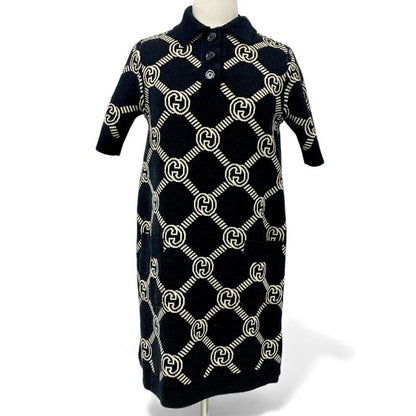 Gucci Dress Beige Black Red Interlocking Reversible Polo Knit