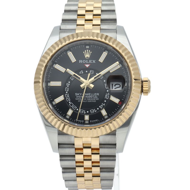 Rolex Sky Dweller Watch Jubilee Box 18k Yellow Gold SS Black Polished