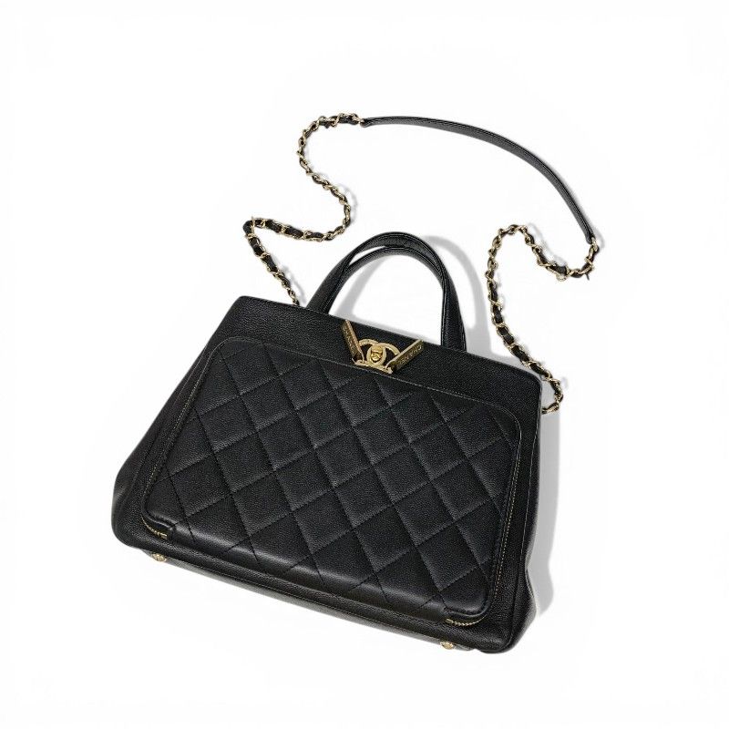 Chanel Handbag Black Gold Business Affinity Caviar Leather Turnlock CC Logo
