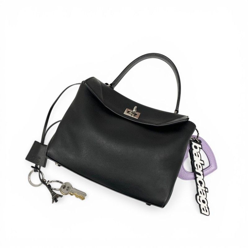 Balenciaga Handbag Black Silver Small Distressed Smooth Scarf Skin Charm 2-Way