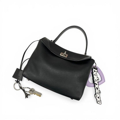 Balenciaga Handbag Black Silver Small Distressed Smooth Scarf Skin Charm 2-Way