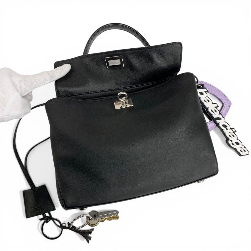 Balenciaga Handbag Black Silver Small Distressed Smooth Scarf Skin Charm 2-Way