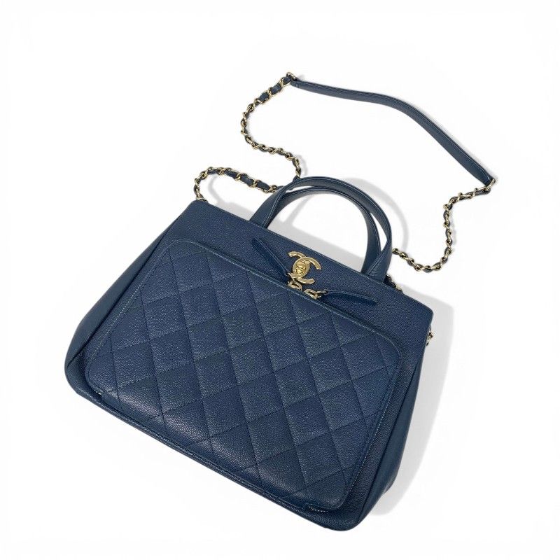 Chanel Blue Gold Business Affinity Caviar Leather Turnlock CC Logo 2-Way