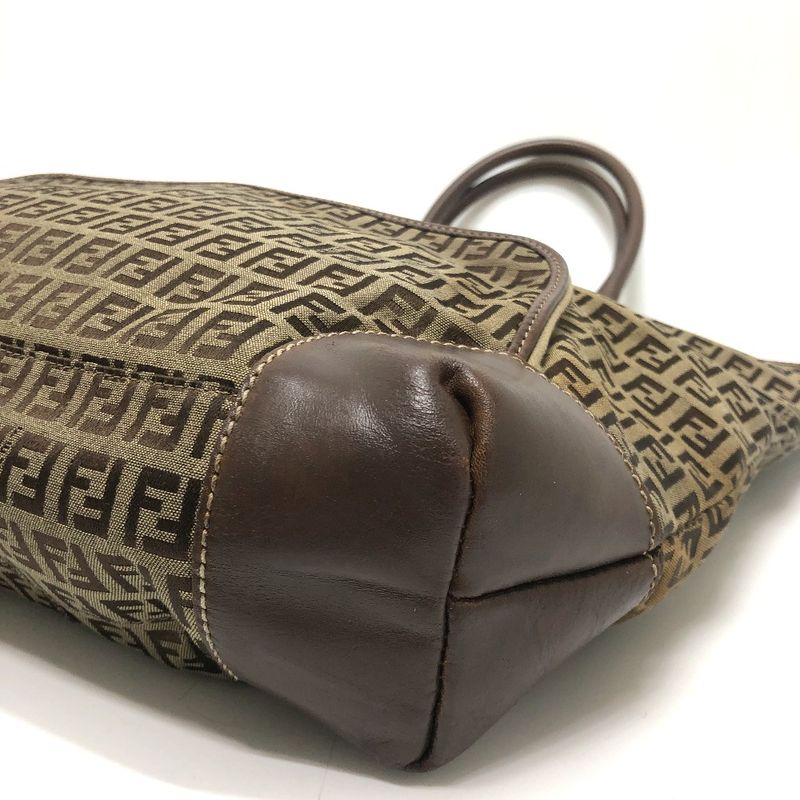 Fendi Shoulder Bag Zucchino Canvas Leather Beige